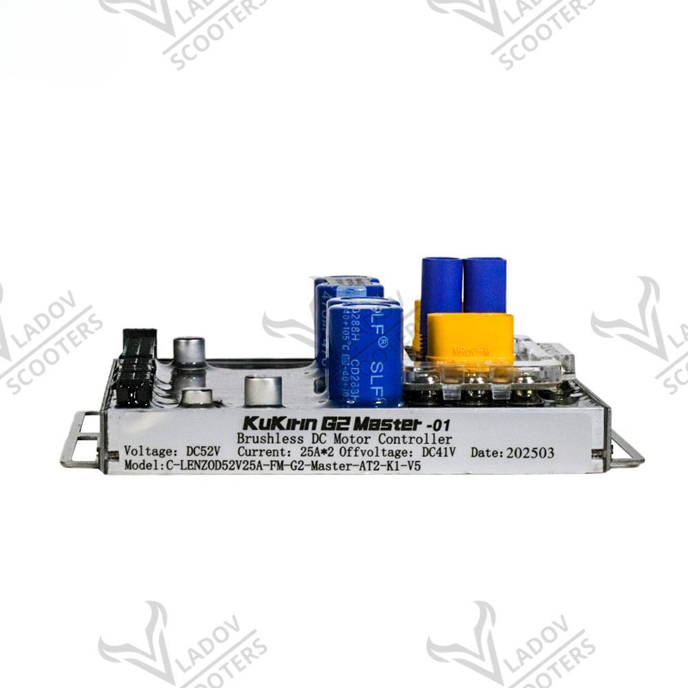 Етикет отстрани на контролера Kukirin G2 Master версия C с данни 52 V, 25 A × 2 и изключване при 41 V