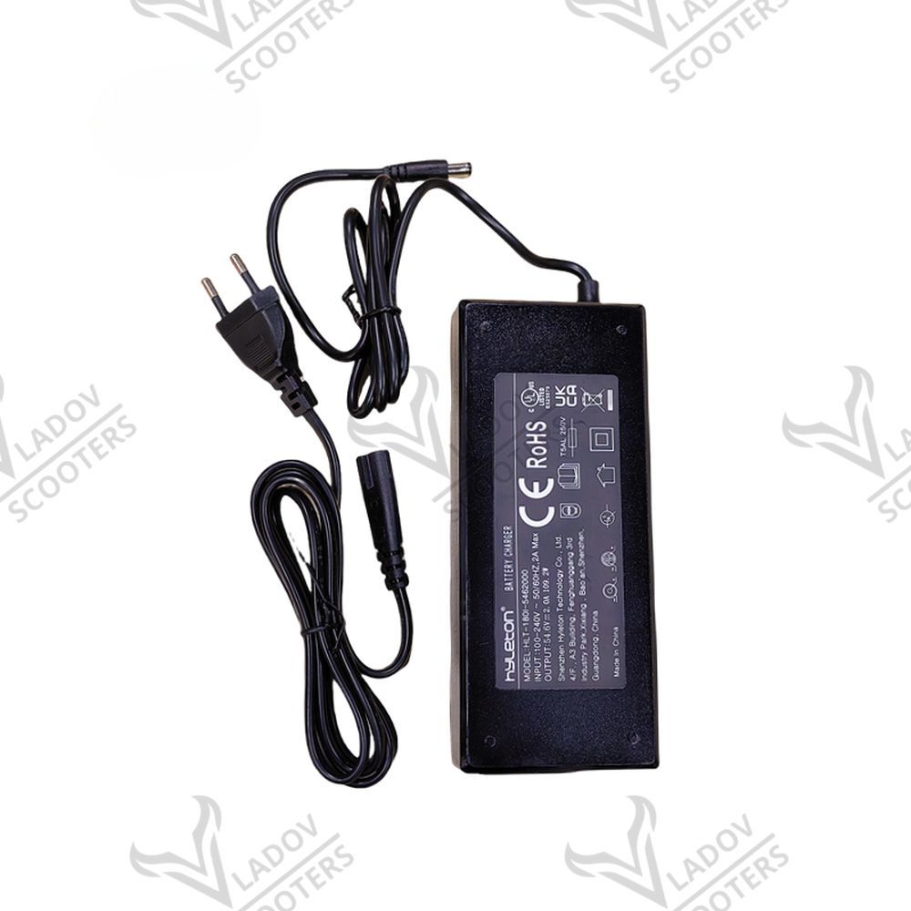 Зарядно за Kukirin G2 – етикет с OUTPUT 54.6V 2A и вход 100-240V, с двата кабела